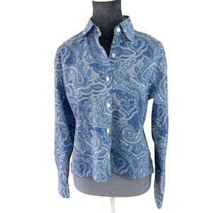 ORVIS Women Blue Paisley Print Button Down whiLong Sleeve Casual Blouse Size 8